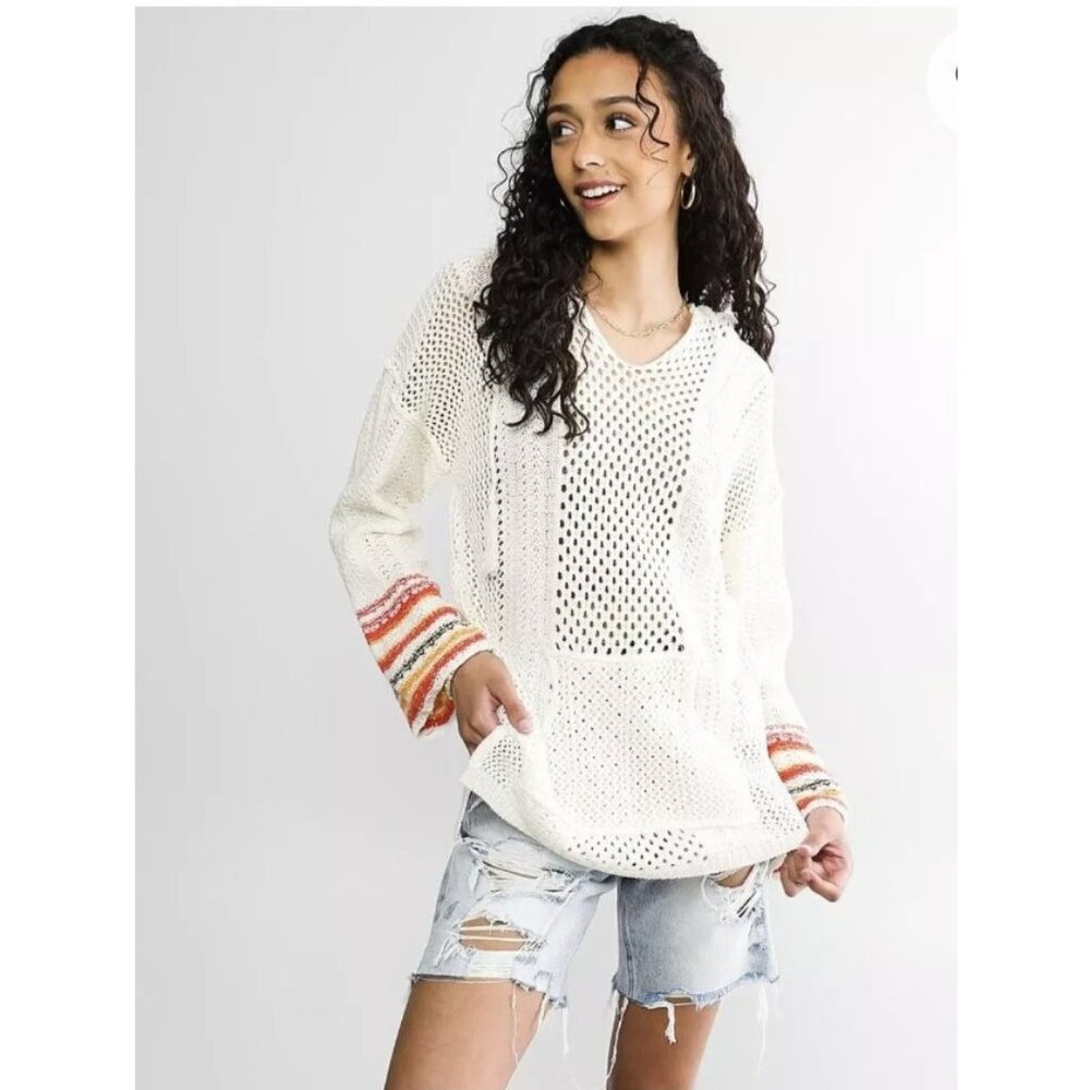 Buckle BKE Pointelle Women’s Aztec Pullover Crochet Striped Hooded Sweater Large